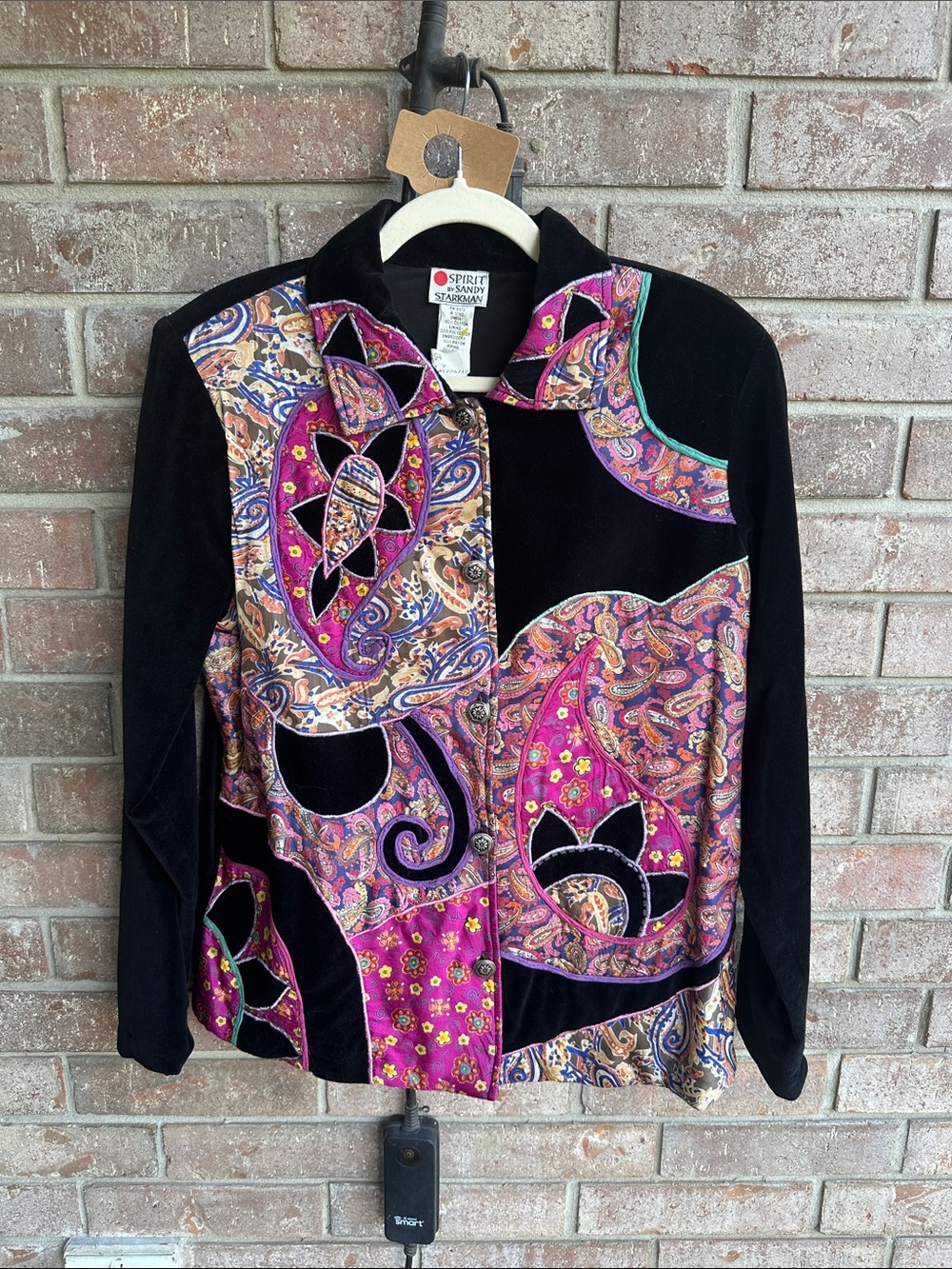 Spirit by Sandy Starkman Black Velvet Patchwork Paisley Jacket Pink Accents